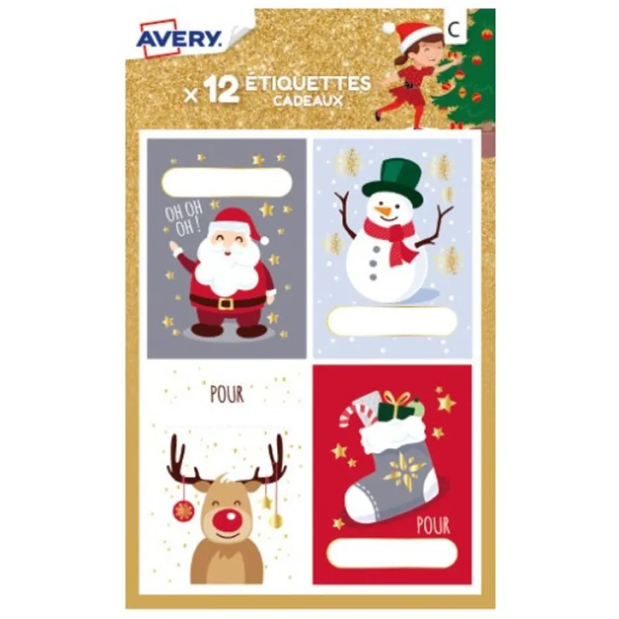 12 étiquettes cadeaux de Noël, bonhomme de neige et Père Noël