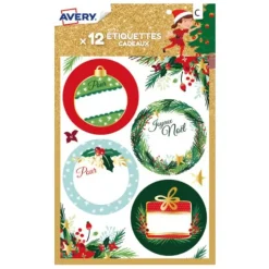 12 étiquettes cadeaux de Noël, motifs traditionnels, floral
