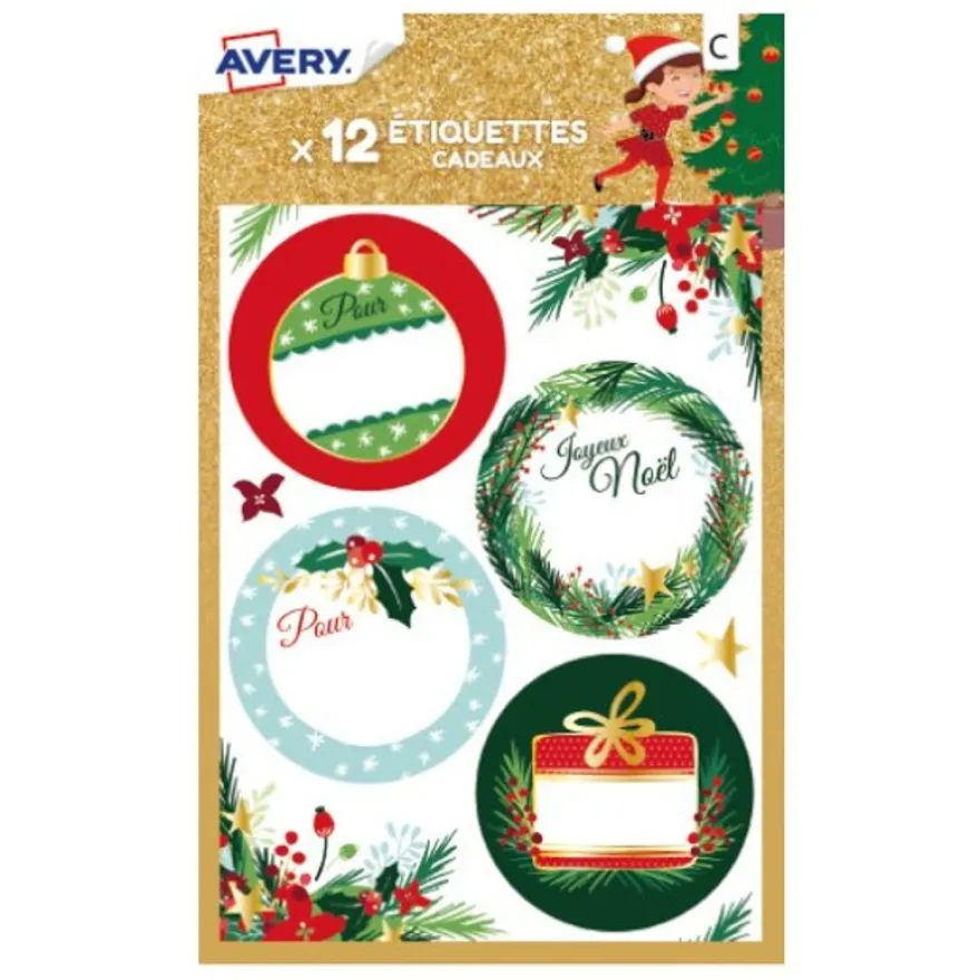 12 étiquettes cadeaux de Noël, motifs traditionnels, floral