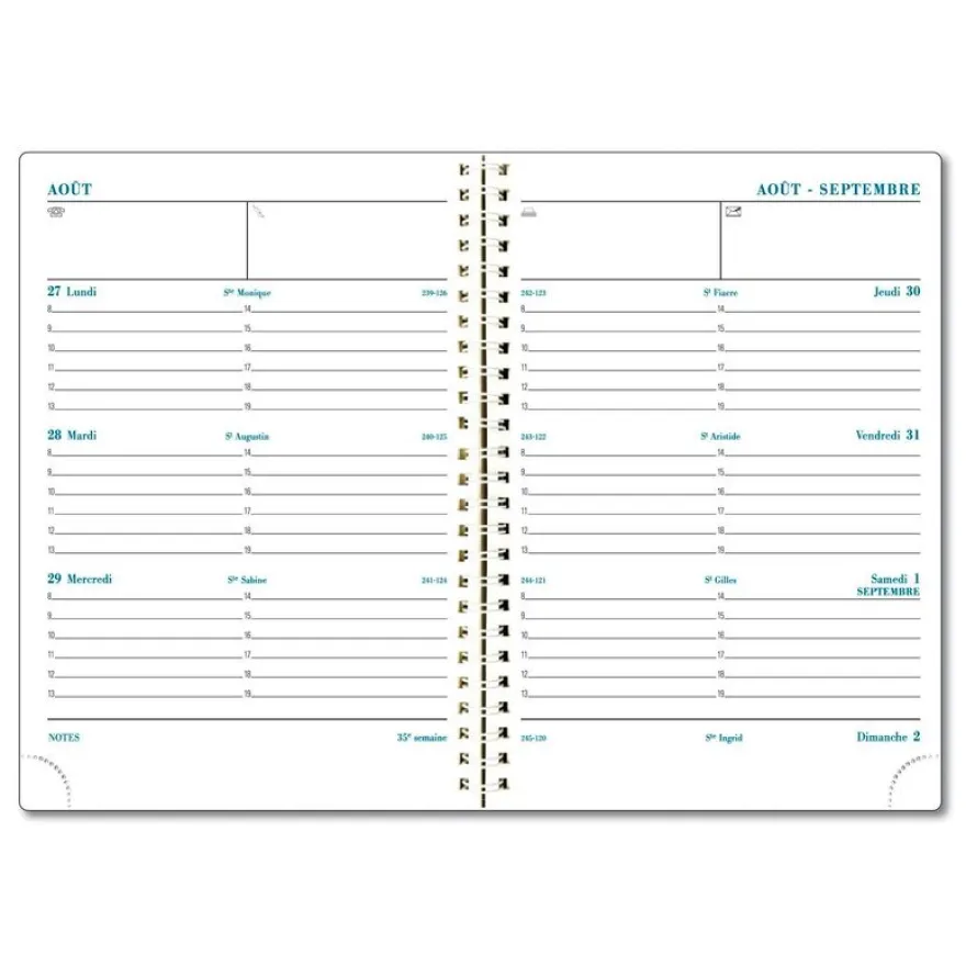 Agenda de bureau spiralé 16 mois Vérone - 1 semaine sur 2 pages - 14 x 18 cm - disponible dans différentes couleurs - Exacompta