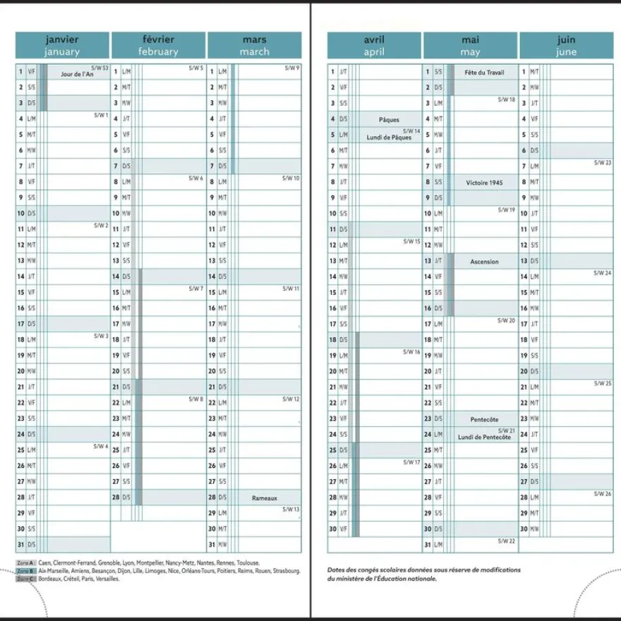 Agenda de poche spiralé Amélie EasyTime 17 - 1 semaine sur 2 pages - 9 x 17,5 cm - disponible dans différentes couleurs - Exacompta