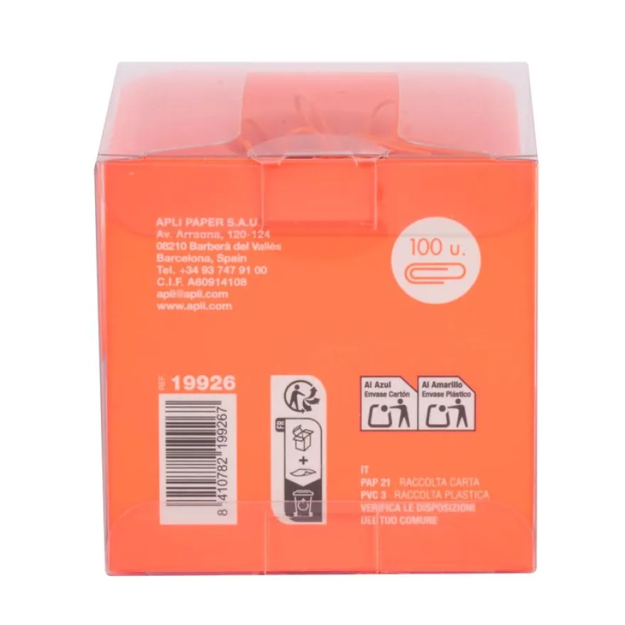 APLI 19926 - Distributeur de trombones magnétique orange avec 100 trombones orange, collection Neon