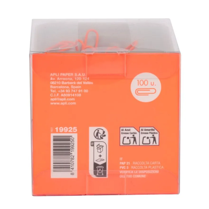 APLI 19925 - Distributeur de trombones magnétique gris avec 100 trombones orange, collection Neon