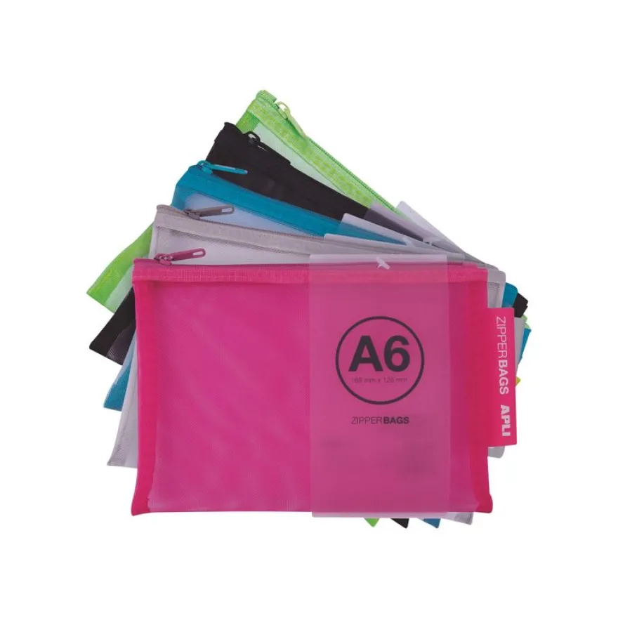 APLI - Jeu de sacs - A6 - nylon - gris, noir, vert clair, bleu ciel, Fuchsia