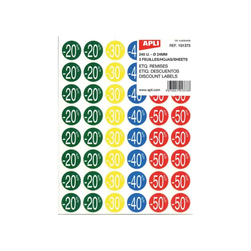 Apli Agipa - 240 Pastilles adhésives - étiquettes remise -20% à -50% - couleurs assorties