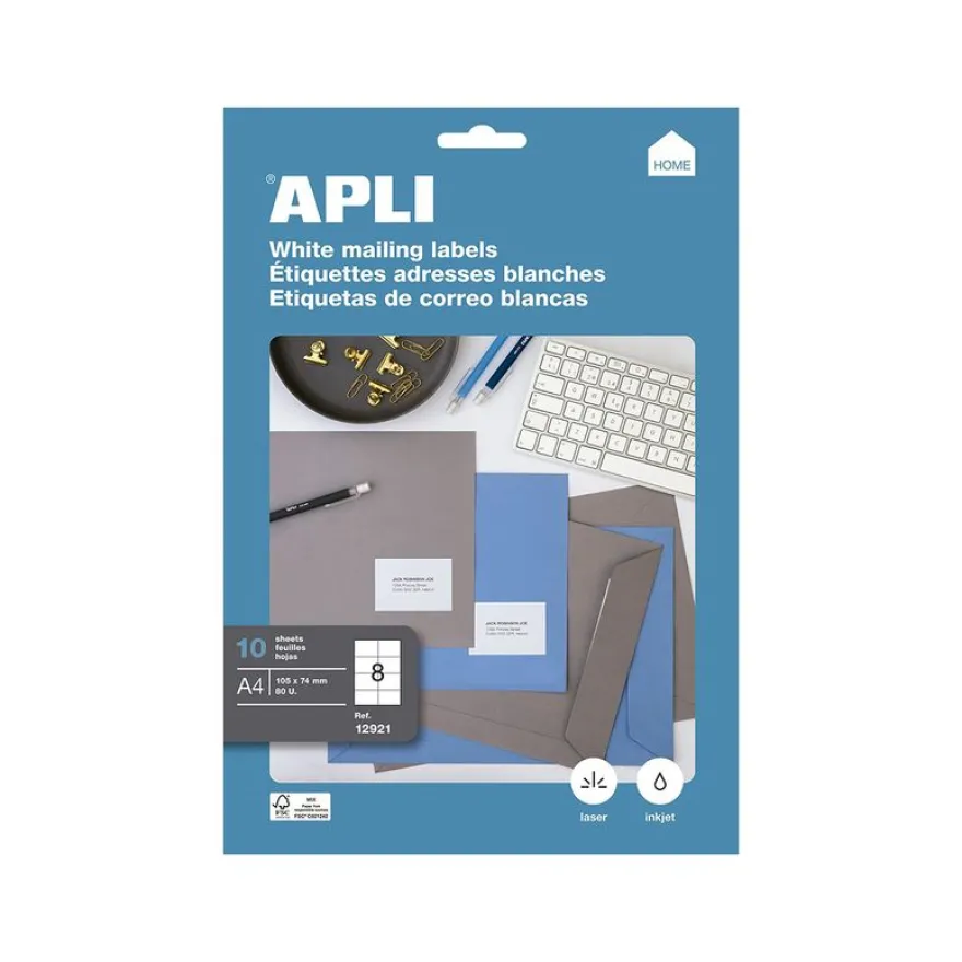 Apli Agipa - 80 Étiquettes adhésives blanches multi-usages - 105 x 74 mm - coins droits - réf 12921