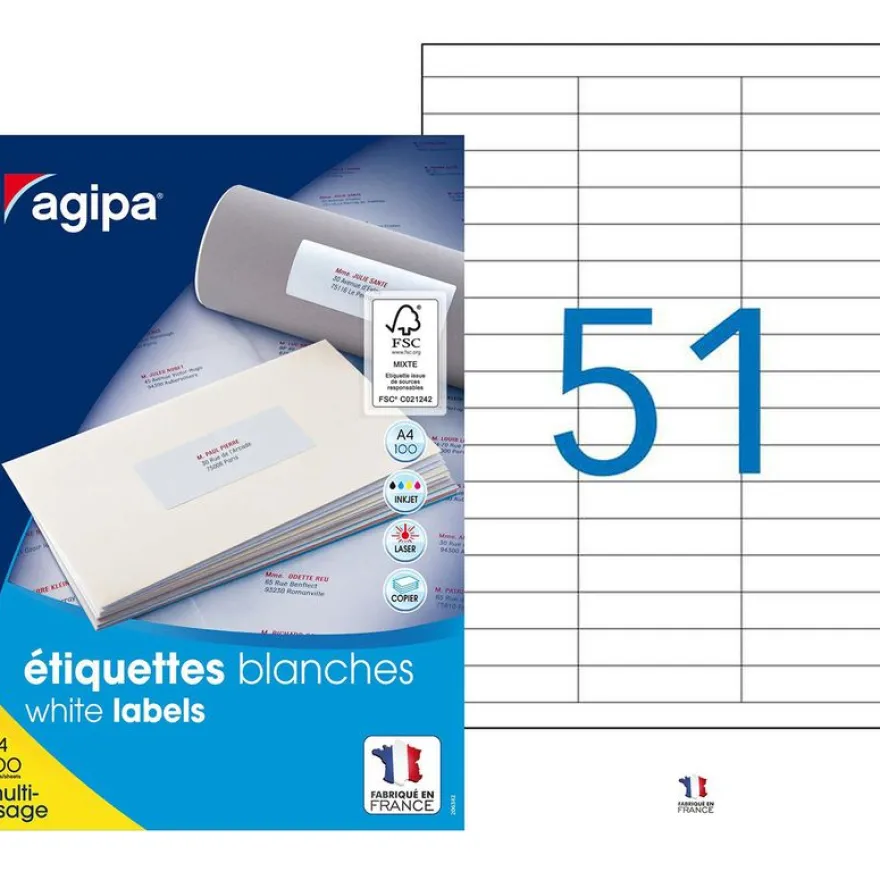 Apli Agipa - 5100 Étiquettes adhésives blanches multi-usages - 70 x 16,9 mm - coins droits - réf 118993