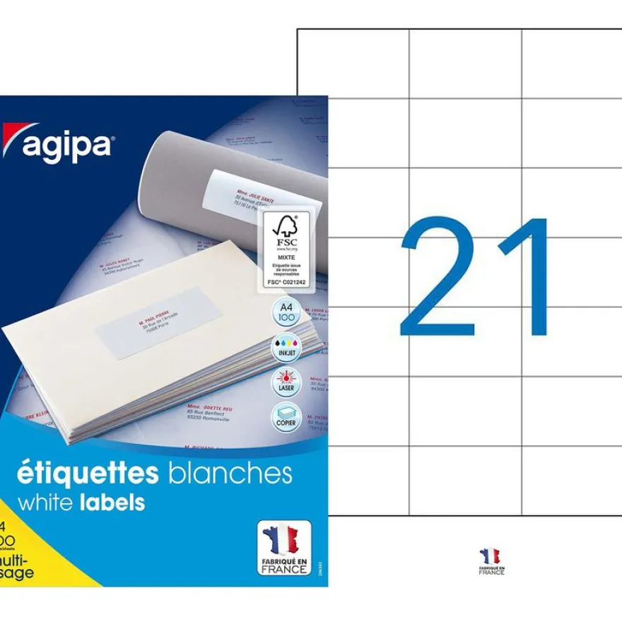 Apli Agipa - 2100 Étiquettes adhésives blanches multi-usages - 70 x 42,4 mm - coins droits - réf 101044