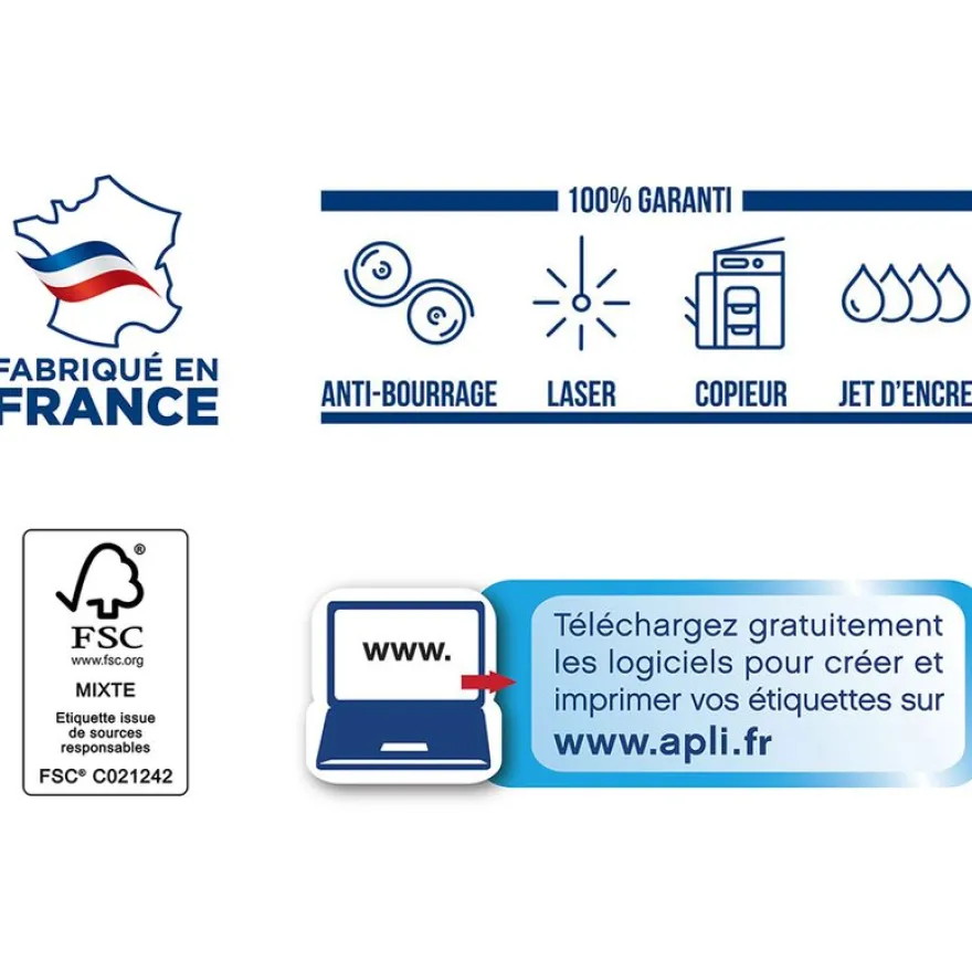 Apli Agipa - 2100 Étiquettes adhésives blanches multi-usages - 70 x 42,4 mm - coins droits - réf 101044
