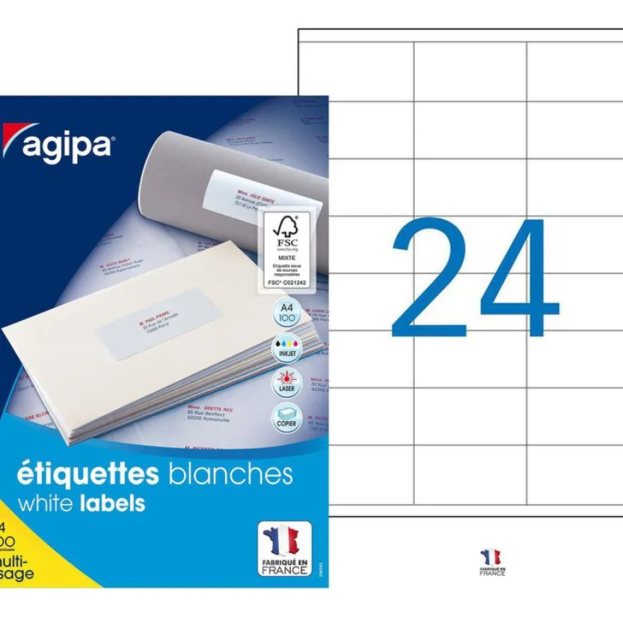 Apli Agipa - 2400 Étiquettes adhésives blanches multi-usages - 70 x 35 mm - coins droits - réf 119006