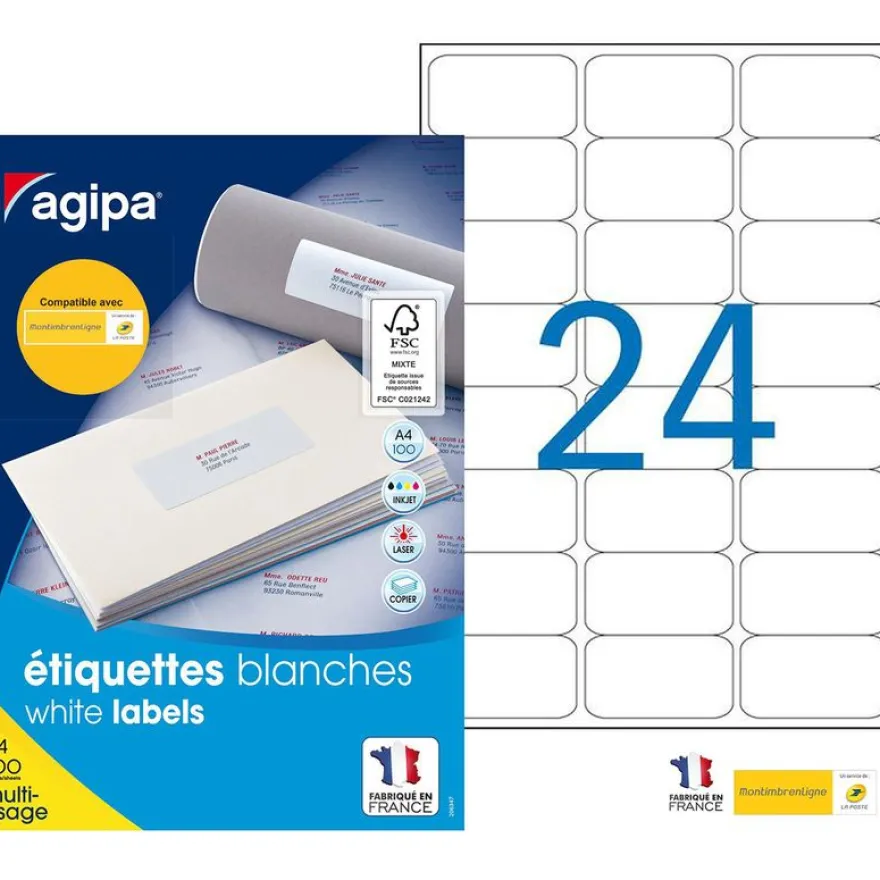 Apli Agipa - 2400 Étiquettes adhésives blanches multi-usages - 63,5 x 33,9 mm - coins arrondis - réf 101309