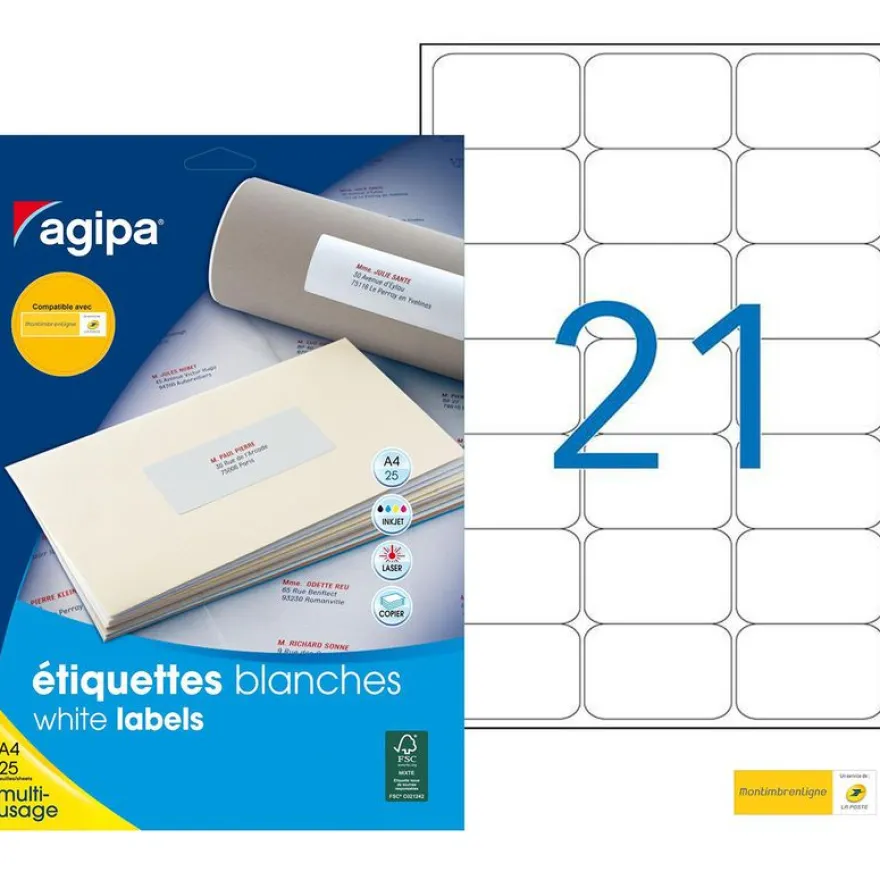 Apli Agipa - 525 Étiquettes adhésives blanches multi-usages - 63,5 x 38,1 mm - coins arrondis - réf 119613