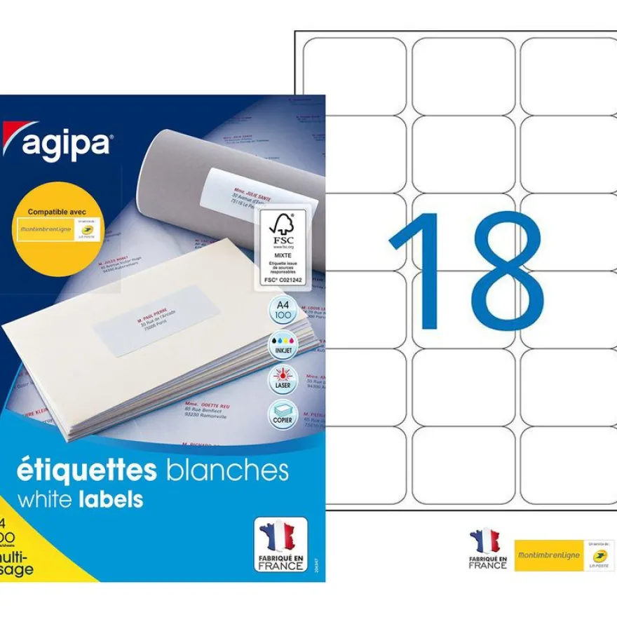 Apli Agipa - 1800 Étiquettes adhésives blanches multi-usages - 63,5 x 46,6 mm - coins arrondis - réf 100981