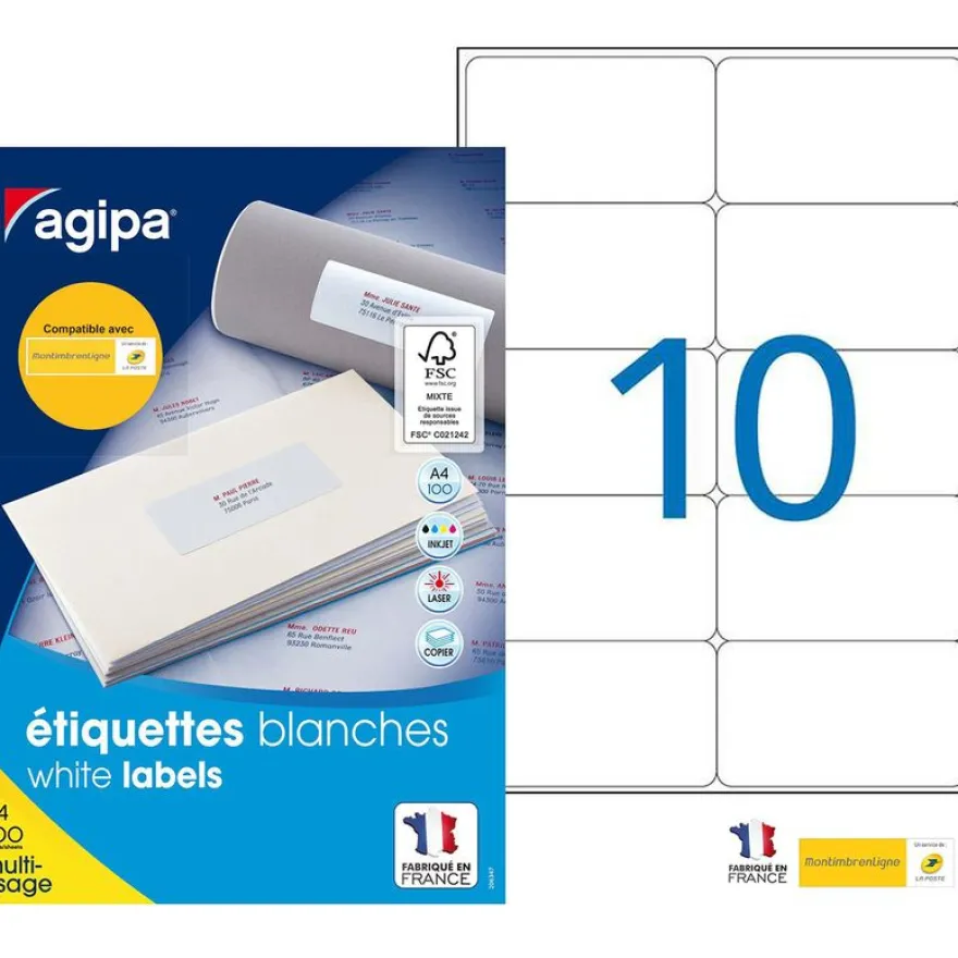 Apli Agipa - 1000 Étiquettes adhésives blanches multi-usages - 99,1 x 57 mm - coins arrondis - réf 100982