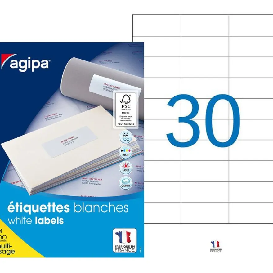 Apli Agipa - 3000 Étiquettes adhésives blanches multi-usages - 70 x 29,7 mm - coins droits - réf 118994