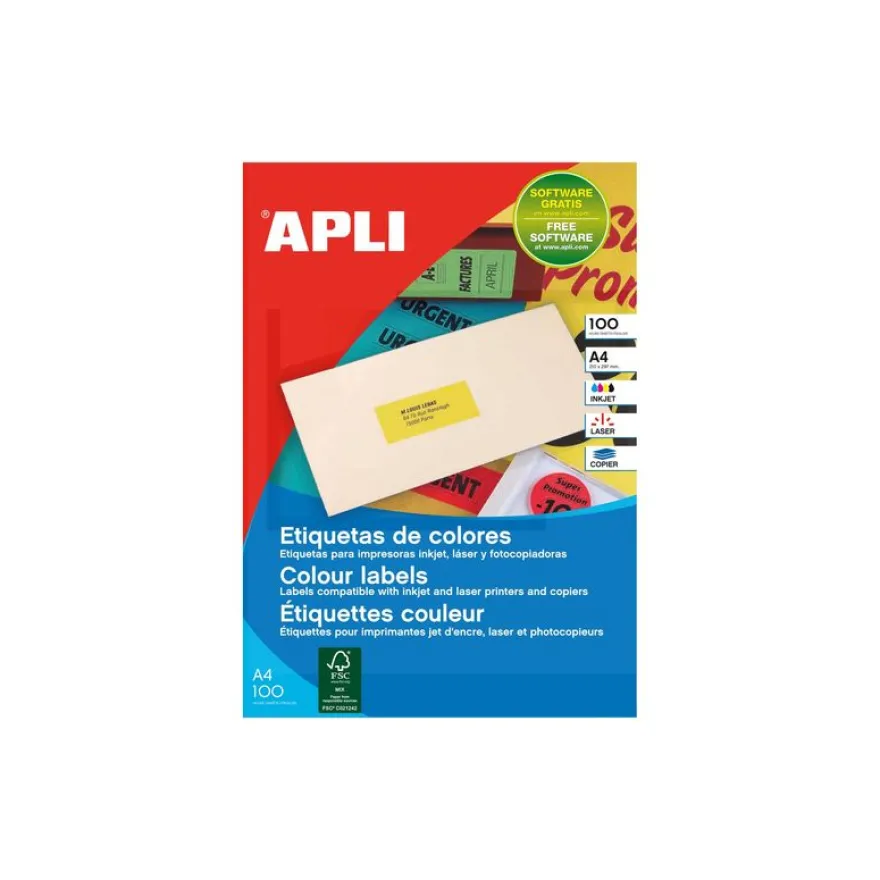 Apli Agipa - 100 Étiquettes jaunes - adhésif permanent - A4 (210 x 297 mm) - réf 100754