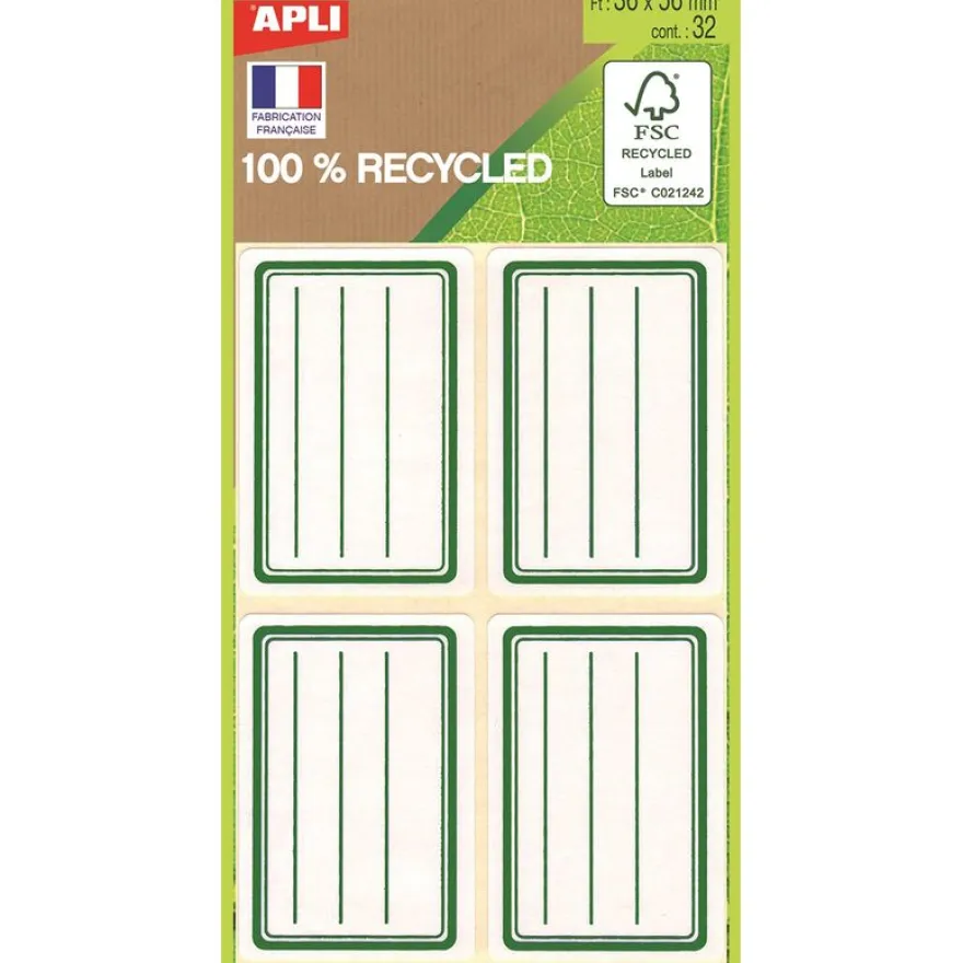 Apli Agipa - 32 Étiquettes scolaires 100% recyclées cadre et lignes verts - 36 x 56 mm - réf 101343