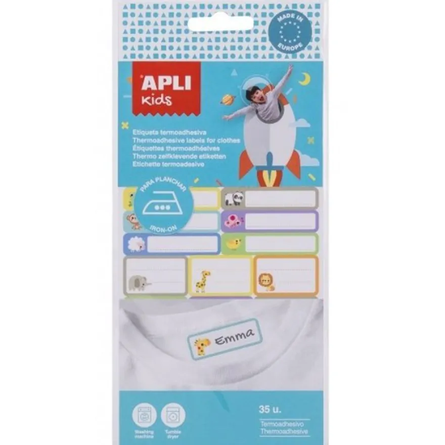 Apli Agipa - 35 Étiquettes thermocollantes pour vêtements - 46 x 10 mm / 31 x 19 mm / 31 x 11 mm