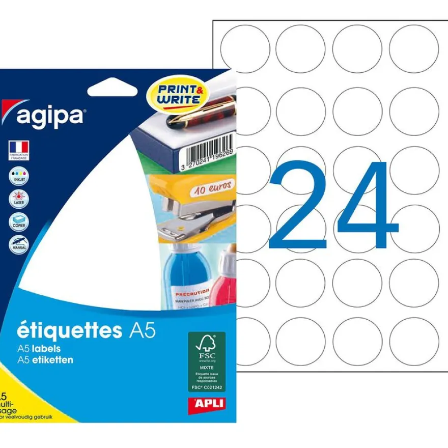 Apli Agipa - Etui A5 - 384 Pastilles adhésives - blanches multi-usages - diamètre 30 mm - réf 101354