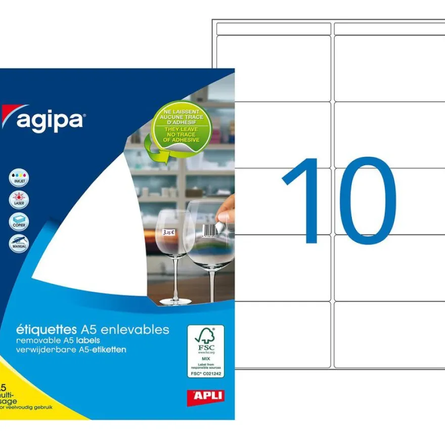 Apli Agipa - Etui A5 - 100 Étiquettes enlevables blanches multi-usages - 38,5 x 65 mm - coins arrondis - réf 114261