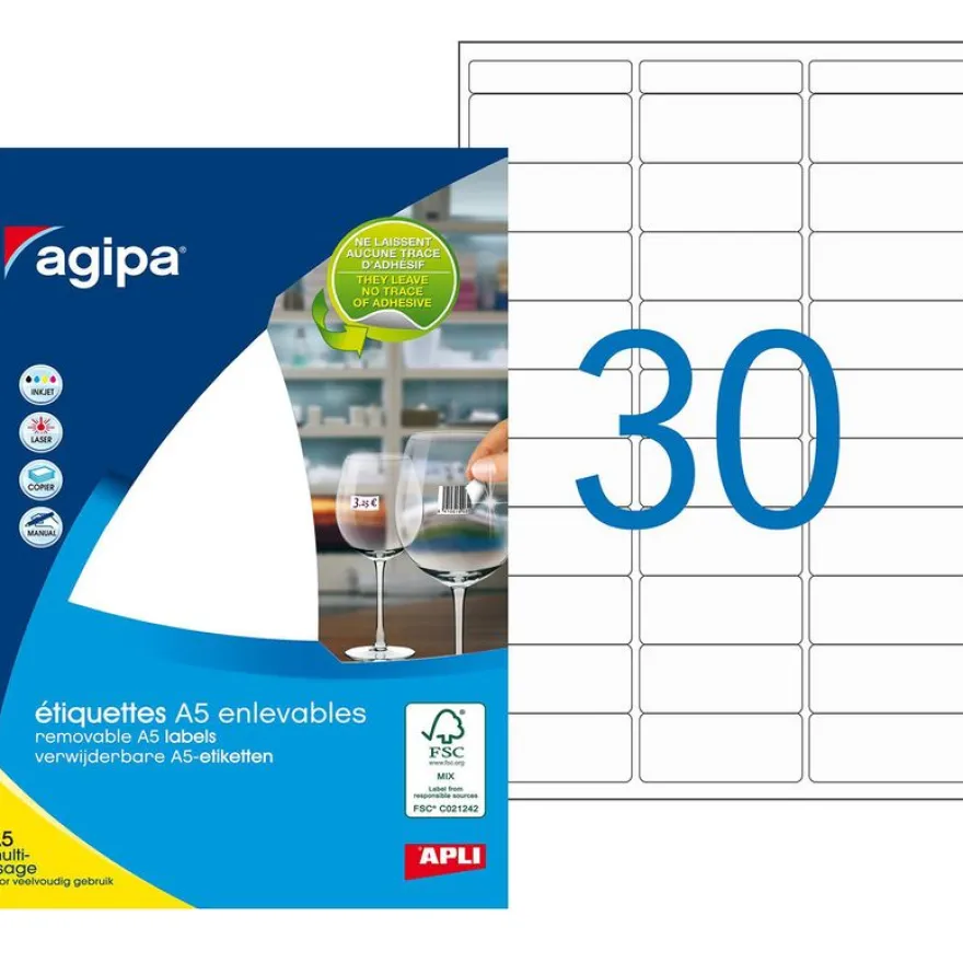 Apli Agipa - Etui A5 - 300 Étiquettes enlevables blanches multi-usages - 19 x 38 mm - coins arrondis - réf 100817