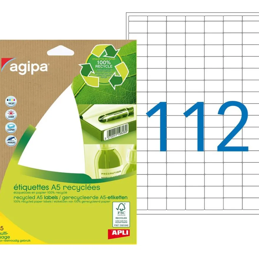 Apli Agipa - Etui A5 - 1568 Étiquettes 100% recyclées blanches multi-usages - 12 x 18,3 mm - coins arrondis - réf 101242