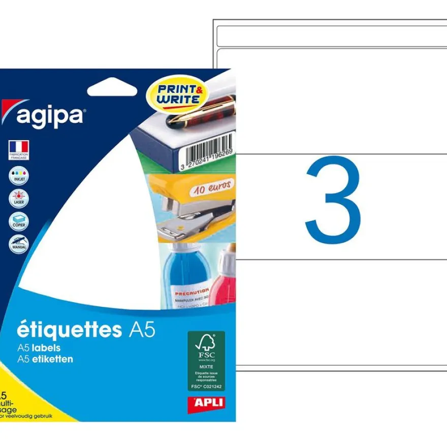 Apli Agipa - Etui A5 - 48 Étiquettes blanches multi-usages - 64 x 133 mm - coins arrondis - réf 114024