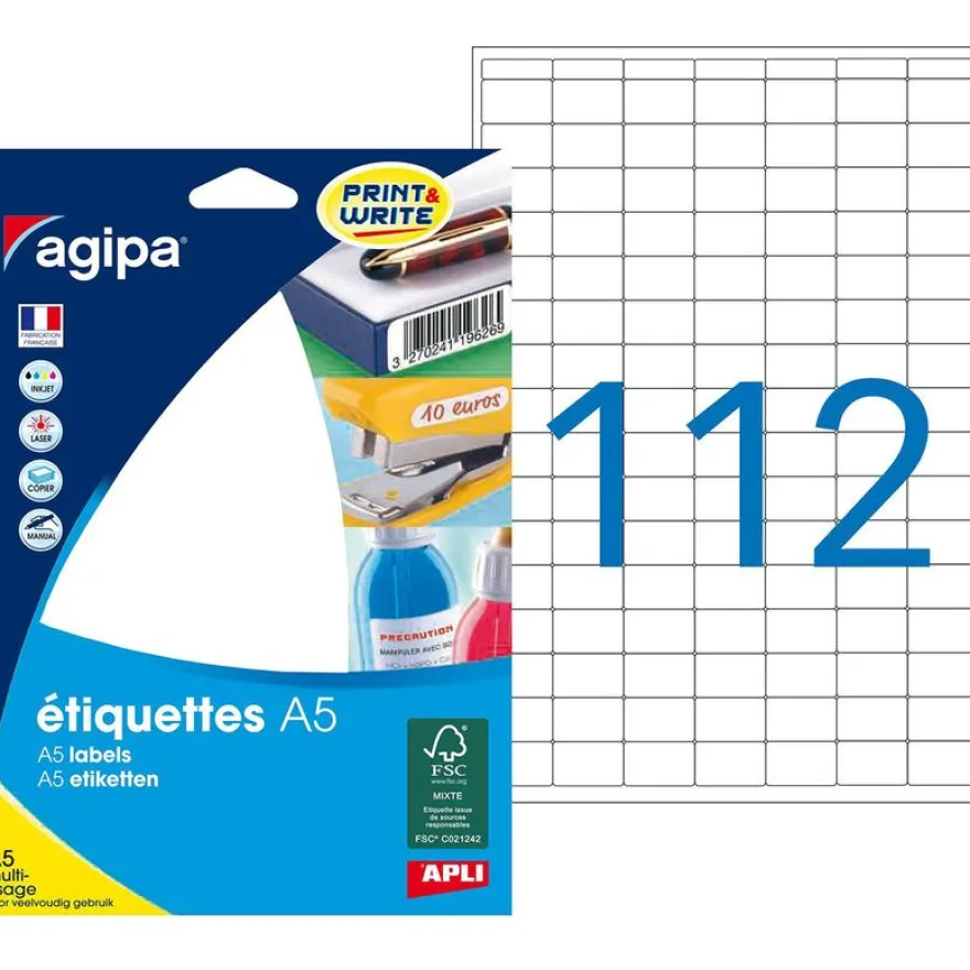 Apli Agipa - Etui A5 - 1792 Étiquettes blanches multi-usages - 12 x 18,3 mm - coins arrondis - réf 114006
