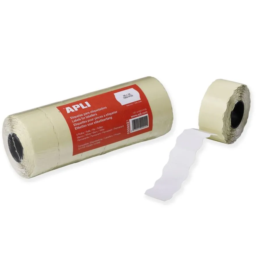 Apli Agipa - Lot de 6 rouleaux de 1000 étiquettes adhésives sinusoïdales permanentes - 26 x 16 mm - blanc