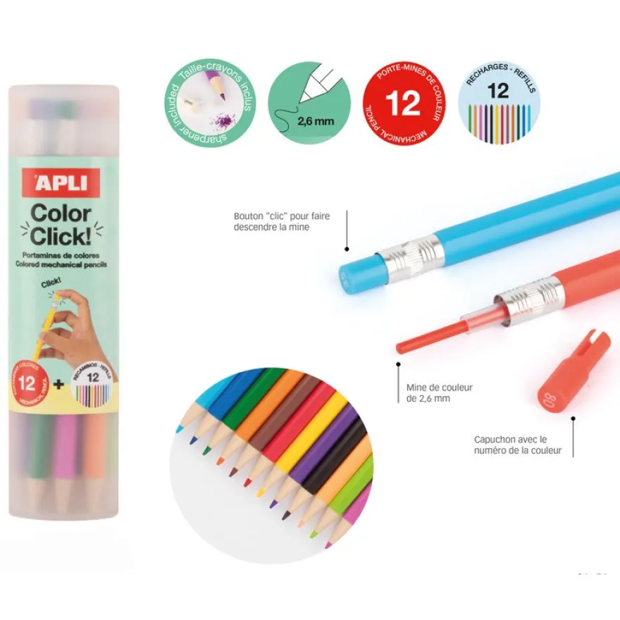 APLI Color Click - Étui de 12 porte-mines multicouleurs avec capuchons numérotés - taille-crayon et recharges.