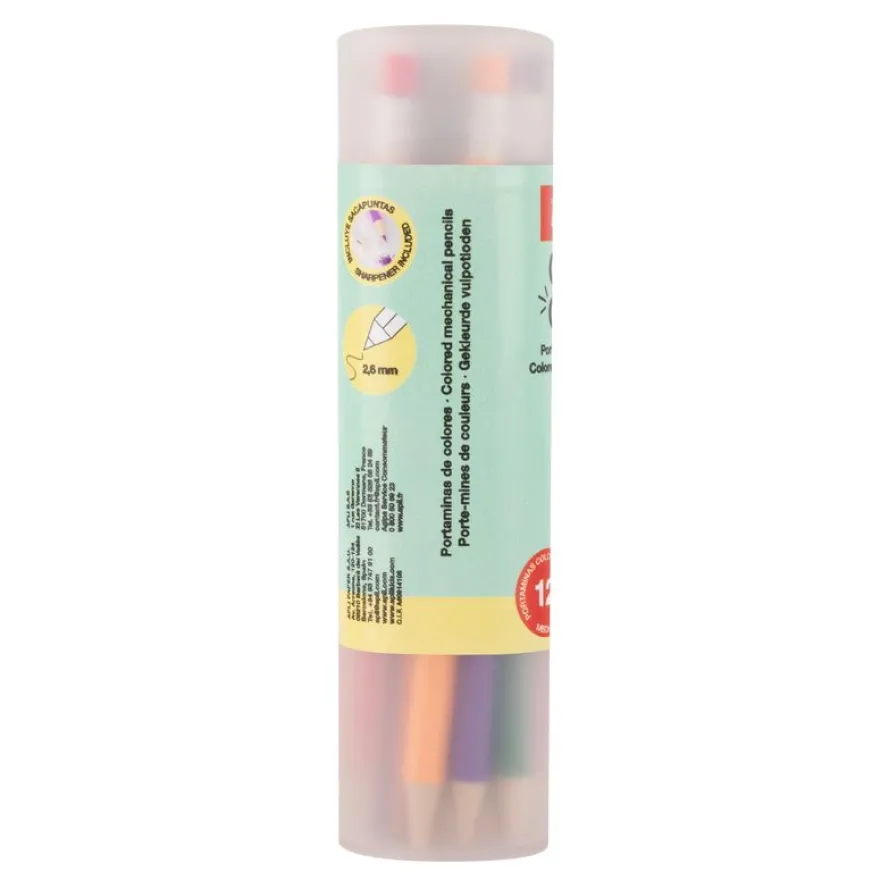 APLI Color Click - Étui de 12 porte-mines multicouleurs avec capuchons numérotés - taille-crayon et recharges.