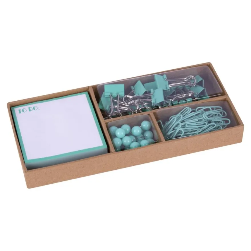 Apli Fluor Collection - Set de fournitures de bureau (punaises, trombones, pinces pliantes et notes adhésives) - turquoise