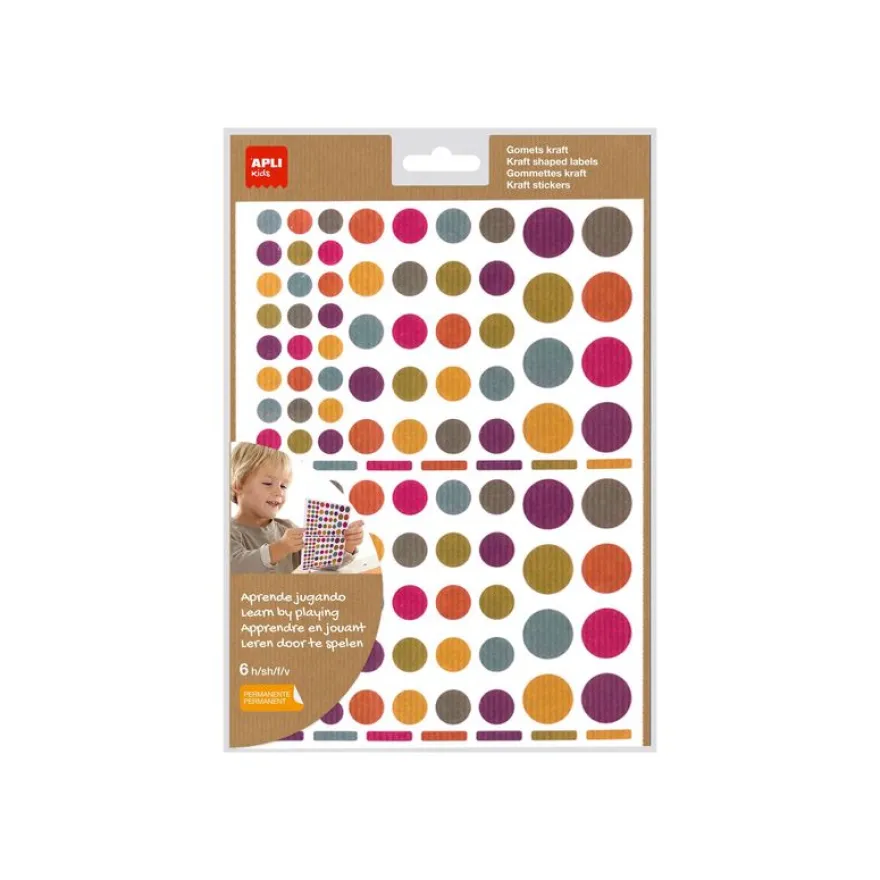 Apli Kids - 624 Gommettes kraft - couleurs assorties : jaune, violet, rouge, bleu clair, vert clair, gris-bleu, fuchsia (6 feuilles)