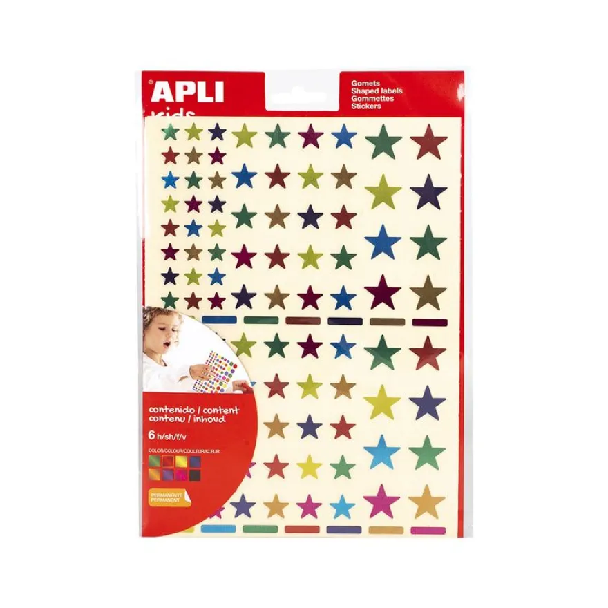 Apli Kids - 624 Gommettes étoiles métallisées - couleurs assorties (vert, rouge, bleu, jaune, lilas)