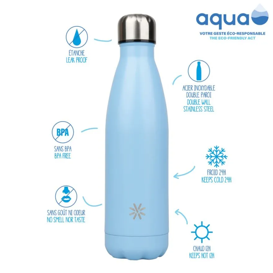 Aqua Pastel - Gourde Bouteille isotherme 500 ml - double paroi - disponible dans différentes couleurs - Viquel