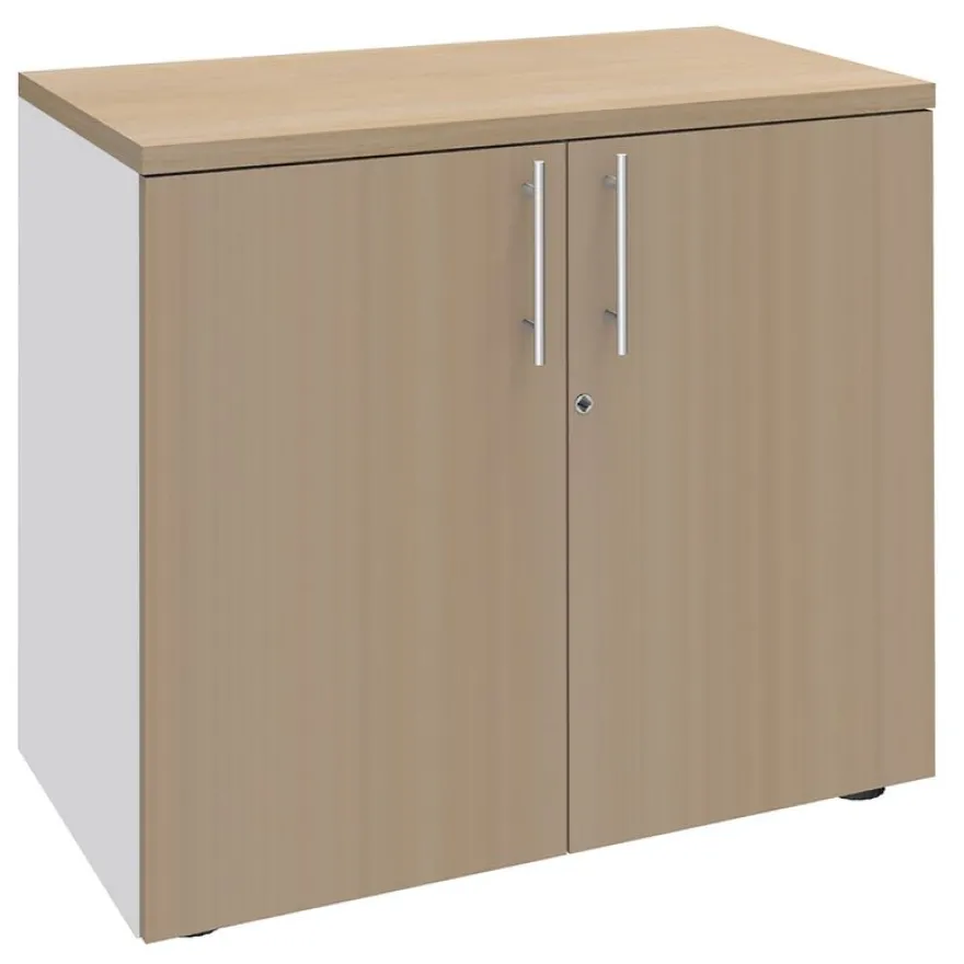Armoire basse EXPRIM/LOFTER/LEVEL - H72 x L80 x P47 - 2 portes - Corps Blanc perle - Dessus et portes imitation Chêne clair