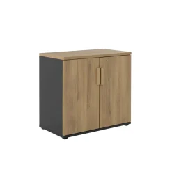 Armoire basse ITALIC - H75 x L80 x P45 - 2 portes - Corps anthracite - Dessus et portes imitation Chêne du bocage