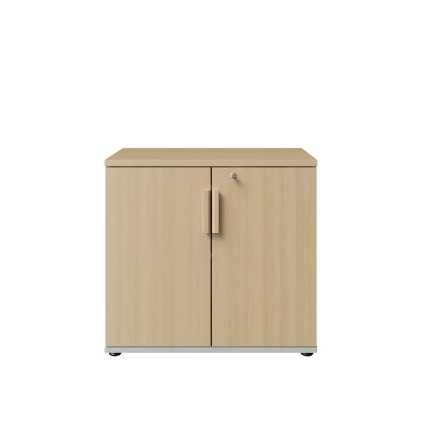 Armoire basse ITALIC - H75 x L80 x P45 - 2 portes - Corps blanc - Dessus et portes imitation Chêne