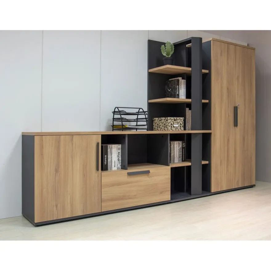 Armoire haute ARCADE - L81 x H184 x P45 - 2 portes - chêne/anthracite