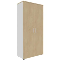 Armoire haute EXPRIM/LOFTER/LEVEL - H180 x L80 x P47 - 2 portes - Corps Blanc perle - Dessus et portes imitation Chêne clair