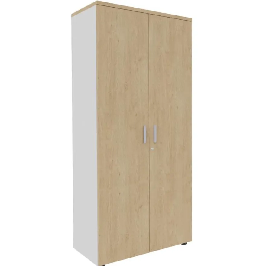 Armoire haute INEO/LEVEL/STEELY/WOODY - L80 x H180 x P47 - 2 portes - Corps blanc - Portes et dessus imitation Chêne clair