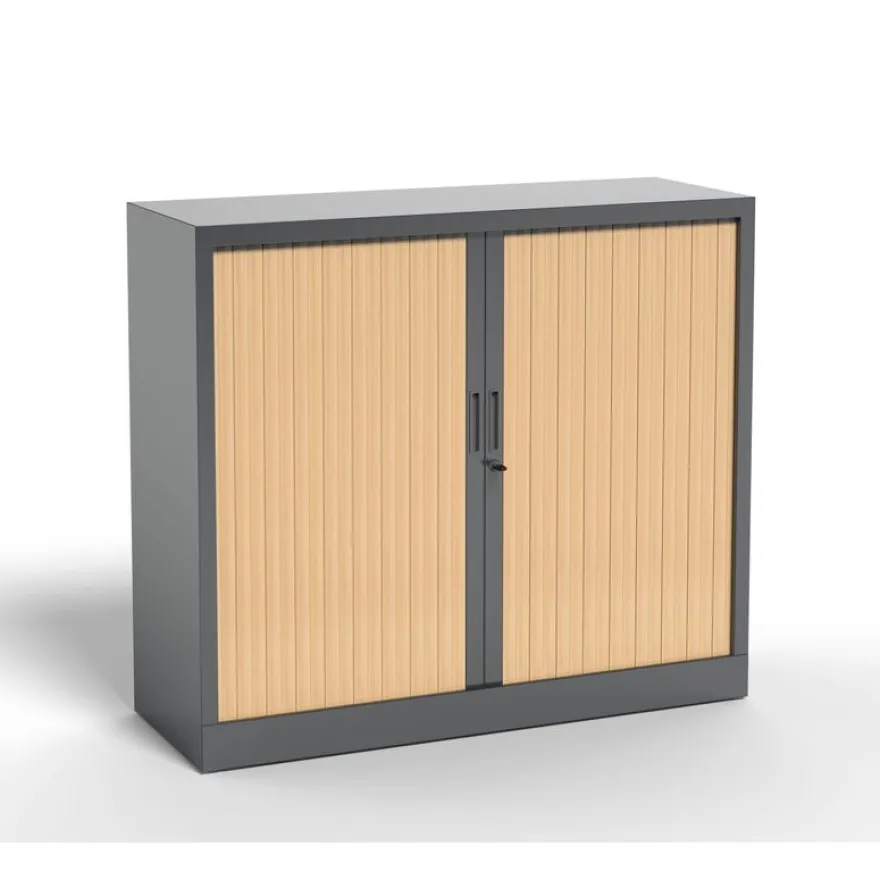 Armoire mi-haute à rideau - L120 x H105 x P43 cm - corps anthracite/rideau chêne
