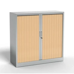 Armoire mi-haute à rideau - L120 x H105 x P43 cm - corps alu/rideau chêne