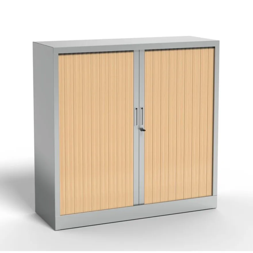 Armoire mi-haute à rideau - L120 x H105 x P43 cm - corps alu/rideau chêne