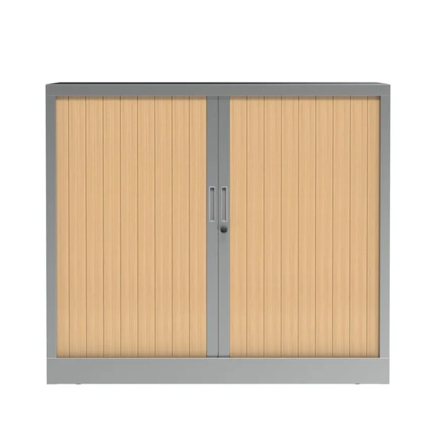 Armoire mi-haute à rideau - L120 x H105 x P43 cm - corps alu/rideau chêne