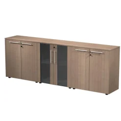 Armoire mi-haute triple Flora - L243xP43xH81,4 cm - 4 portes mélaminés + 2 portes vitrées - 3 étagères - merisier arabis