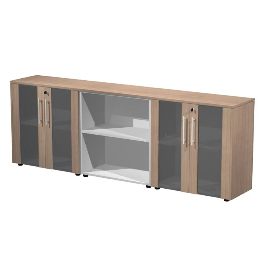 Armoire mi-haute triple Flora - L243xP43xH81,4 cm - 4 portes vitrées - 3 étagères - merisier arabis