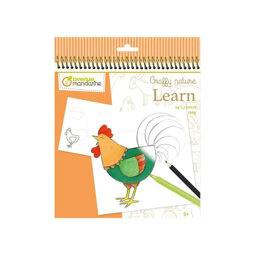 Avenue Mandarine Graffy Nature - Livre à colorier - 200 x 255 mm - 24 feuilles / 48 pages - ferme - couverture orange