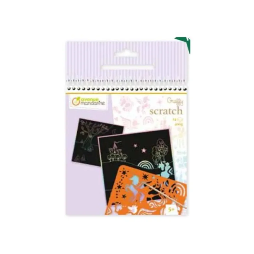 Avenue Mandarine Graffy Scratch - Jeu de cartes à gratter et de pochoirs - 3 pièces - licornes - 24 feuilles