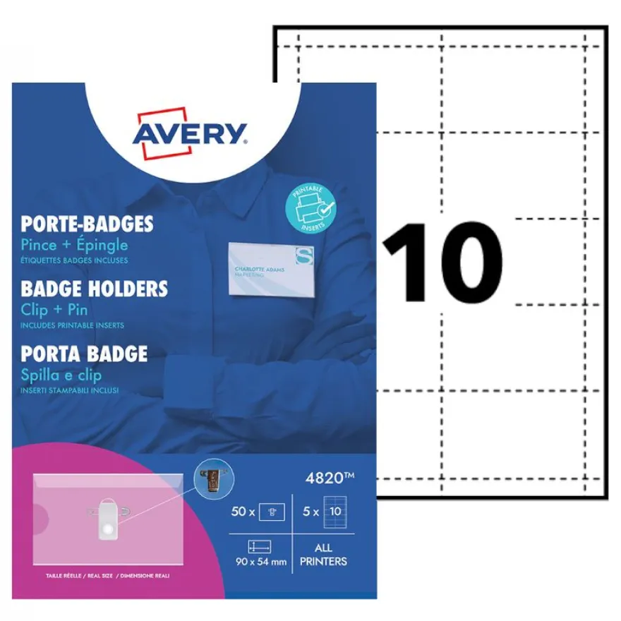 Avery - 50 Badges à pince avec épingle + 50 étiquettes imprimables - 54 x 90 mm